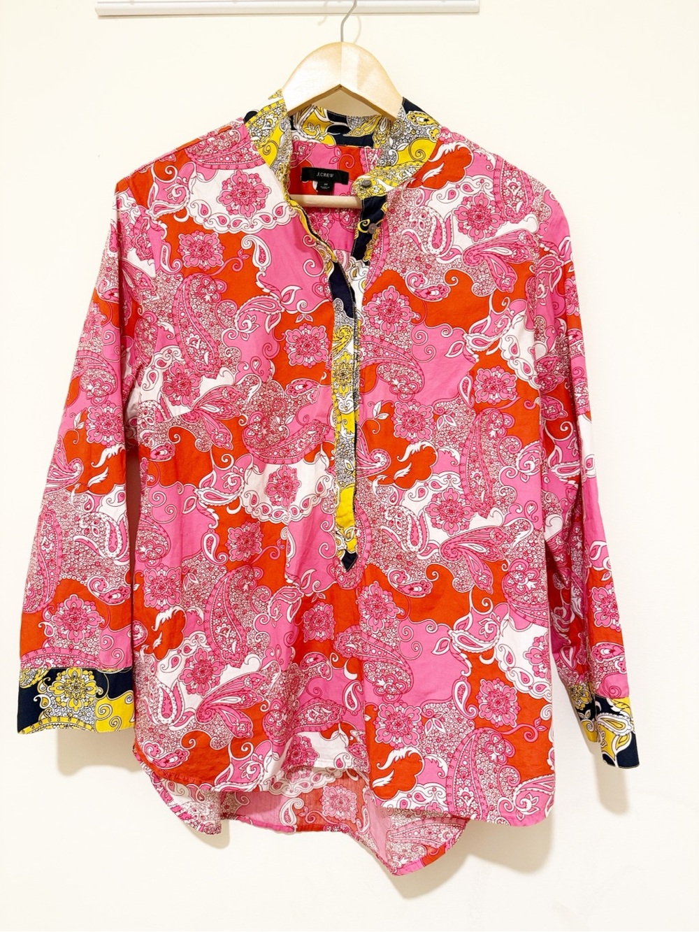 J. Crew Pink and Red Paisley Button-Down Shirt with Yellow Trim